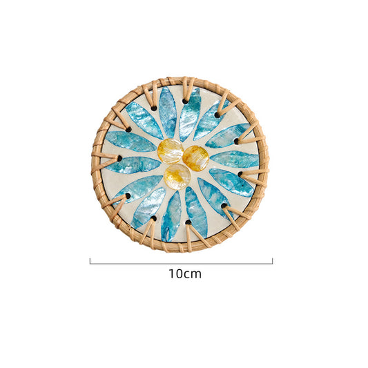 (Blue Leaf Fruit Pattern) Set of 5 Rattan & Shell Coasters - Decorative & Heat Resistant