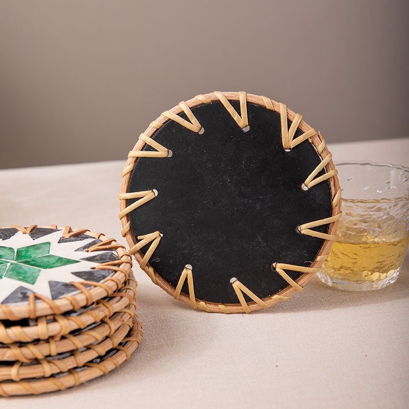 (Blue Leaf Fruit Pattern) Set of 5 Rattan & Shell Coasters - Decorative & Heat Resistant
