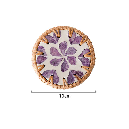 (Purple Heart Pattern) Set of 5 Rattan & Shell Coasters - Decorative & Heat Resistant
