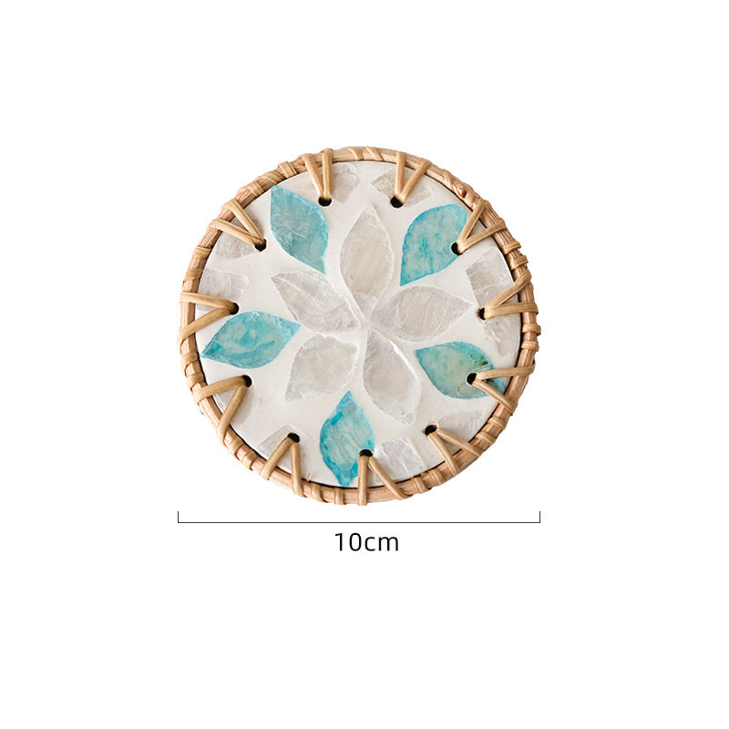 (White Orchid Leaves) Set of 5 Rattan & Shell Coasters - Decorative & Heat Resistant