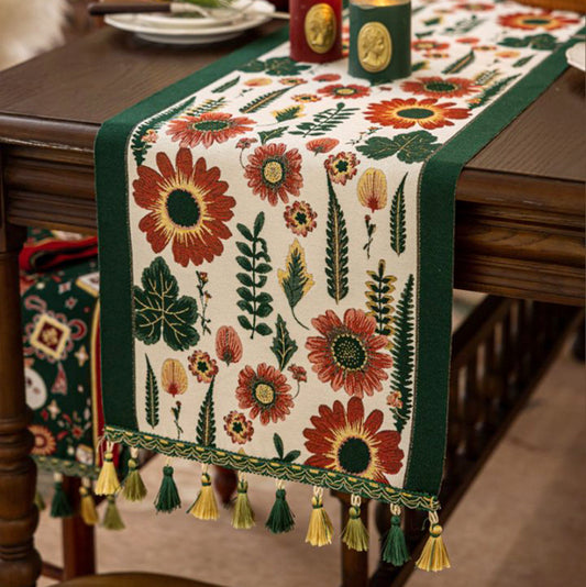 35x300cm Green Pastoral Table Runner - Spring Floral Oil Painting Style with Tassels
