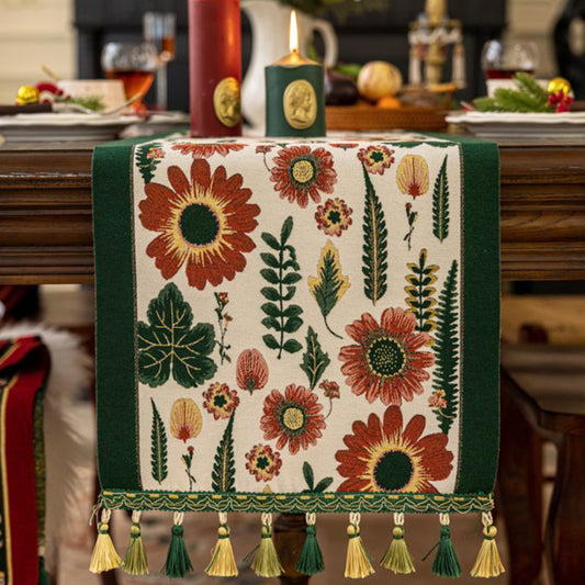 35x300cm Green Pastoral Table Runner - Spring Floral Oil Painting Style with Tassels