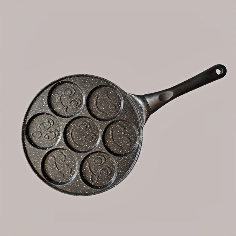 Black Smiley + Black Handle (gas model) Non-Stick Pancake Pan - 7-Hole Fun Shapes Breakfast Griddle (27cm)