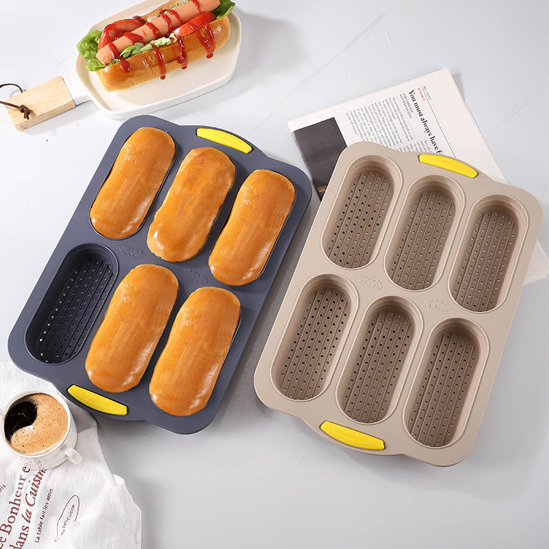 Brown/Beige 6-hole silicone baking mold, perforated loaf pan 37.5 cm x 24.5 cm, suitable for bread and cakes (sold in sets of 2)