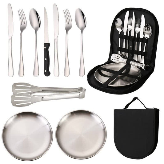 6-Piece Portable Stainless Steel Cutlery Set with Plate and Bag - Silver, Great for Camping and Travel (Steak Knife)