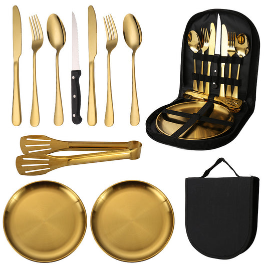 6-Piece Portable Stainless Steel Cutlery Set with Plate and Bag - Gold, Great for Camping and Travel (Steak Knife)
