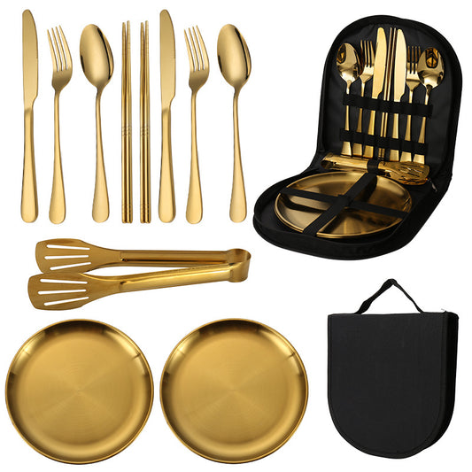6-Piece Portable Stainless Steel Cutlery Set with Plate and Bag - Gold, Great for Camping and Travel (Chopsticks)