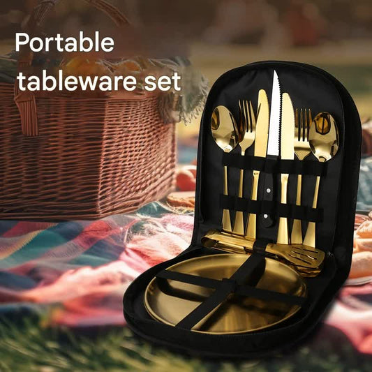 6-Piece Portable Stainless Steel Cutlery Set with Plate and Bag - Gold, Great for Camping and Travel (Chopsticks)