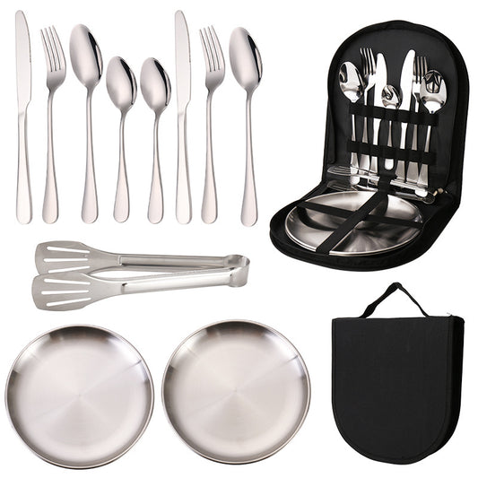 6-Piece Portable Stainless Steel Cutlery Set with Plate and Bag - Silver, Great for Camping and Travel (Teaspoon)