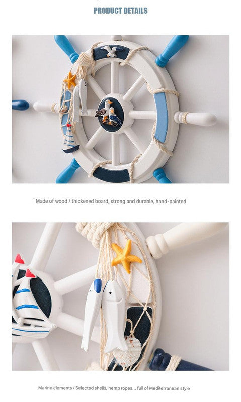 Nautical Wooden Rudder Wall Decor - 34cm Coastal Home Decor Accent (Anchor net rudder)