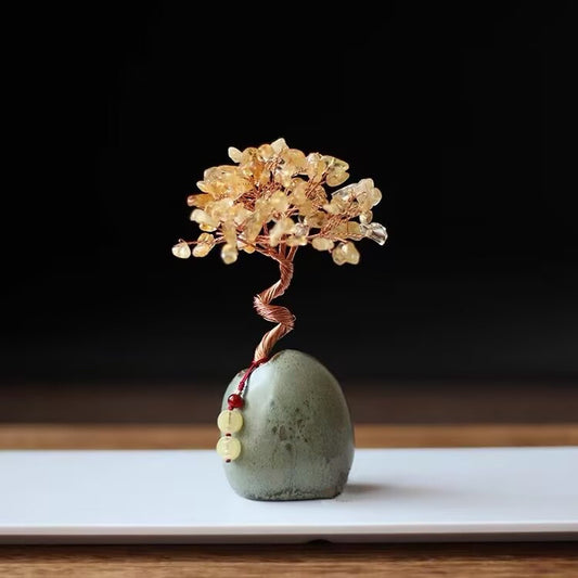 Yellow Vintage Crystal Money Tree Figurine for Home Decoration