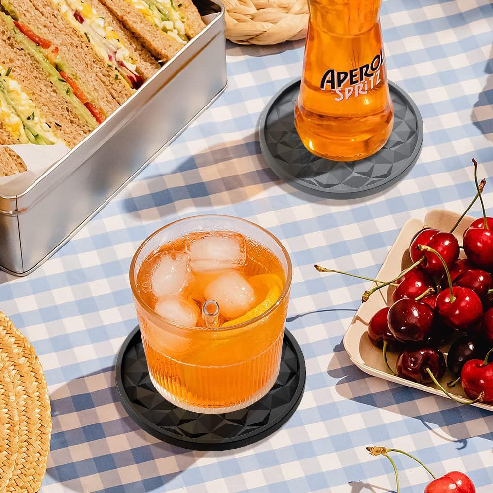 Black Geometric Silicone Drink Coasters Set (6 Pack) with Holder - Non-Slip Table Protectors