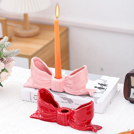 Pink Elegant Ceramic Bow Taper Candle Holder - Stylish Tabletop Decor Accent