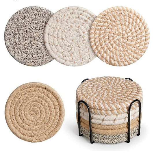 Khaki Absorbent Woven Cotton Coasters - Set of 8 with Metal Holder - Heat Resistant Drink Mats for Table Protection