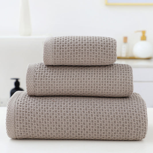 Brown Premium 3-Piece Waffle Weave Cotton Towel Set - Lightweight, Quick-Dry & Absorbent - Bath, Hand, Face Cloth