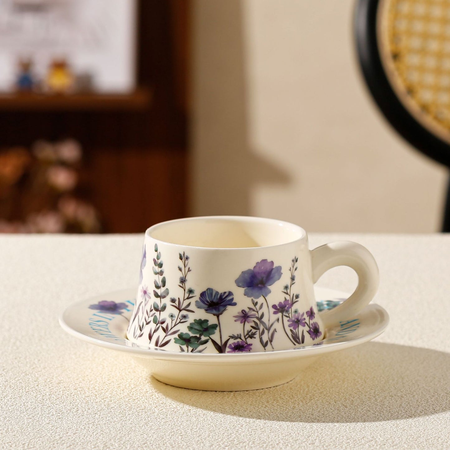 Vintage Floral Ceramic Coffee Cup & Saucer Set(White disc - purple flowers)