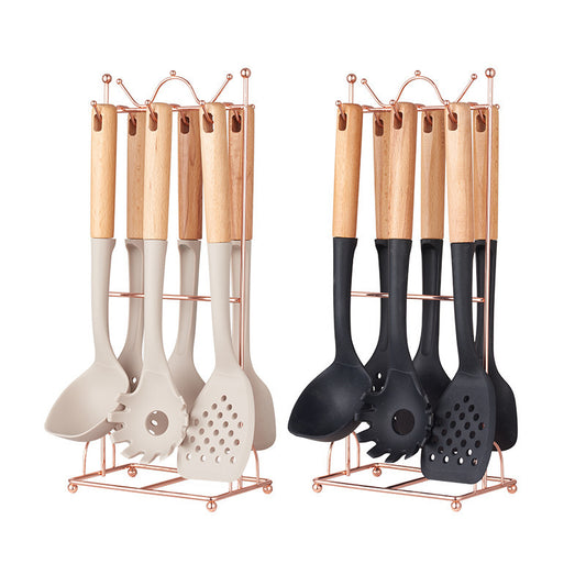 Black Elegant 7-Piece Silicone Kitchen Utensil Set with Wooden Handles & Rose Gold Stand - Non-Stick Cookware Safe