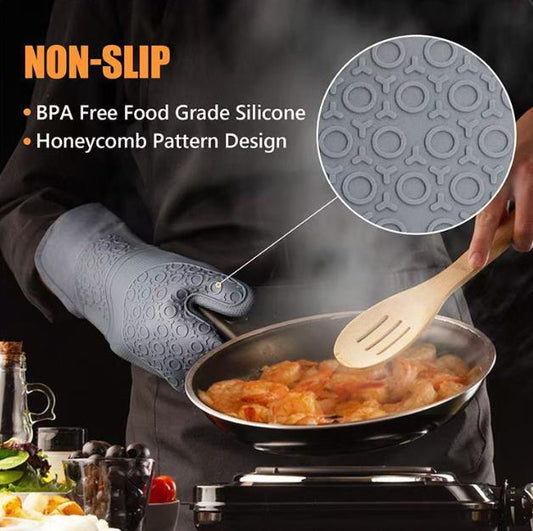 Black 6-Piece Silicone Oven Mitts and Pot Holders Set - Extra Long Waterproof Heat Resistant Gloves with Non-Slip Grip for Kitchen Baking BBQ