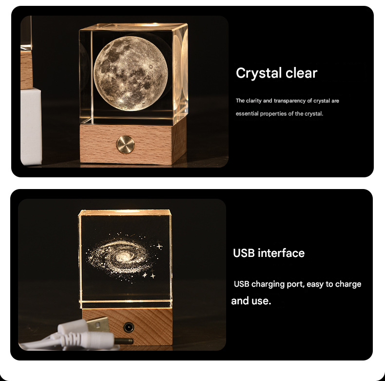 Saturn Luminous 3D Crystal Cube Night Light - Laser Engraved Artwork with Solid Wood Base