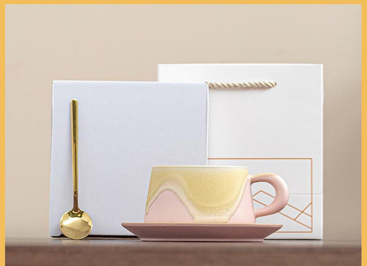 Artistic Ceramic Coffee Cup & Saucer Set with Spoon - Gradient Glaze, 240ml, Gift Boxed(pink)