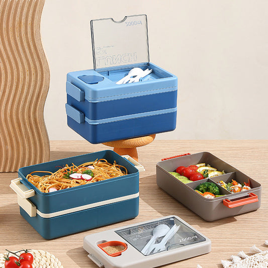 2L Double-Layer Bento Lunch Box - Leak-Proof with Utensil & Sauce Container(blue)