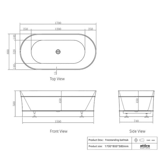1500/1700*750/800*580mm INS OTTI Bondi Matt/Gloss White Oval Acrylic Freestanding Bathtub