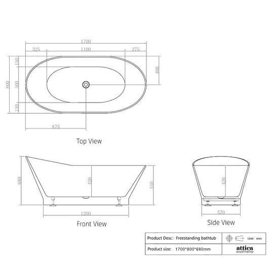 1500/1700*750/800*680mm INS OTTI London Gloss White Special Shape Curved Acrylic Freestanding Bathtub