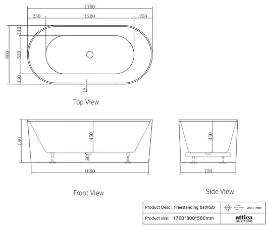 1500/1700*750/800*580mm INS OTTI Noosa Gloss/Matt White Oval Acrylic Freestanding Bathtub