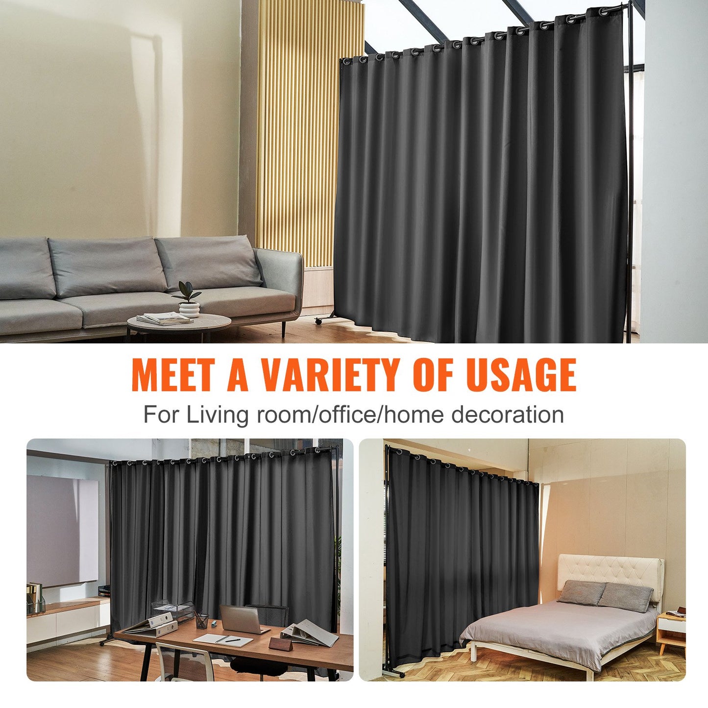 VEVOR Room Divider, 8 ft x 10 ft (96 x 120inch) Portable Panel Room Divider with Wheels Curtain Divider Stand, Room Divider Privacy Screen for Office, Bedroom, Dining Room, Study, Black