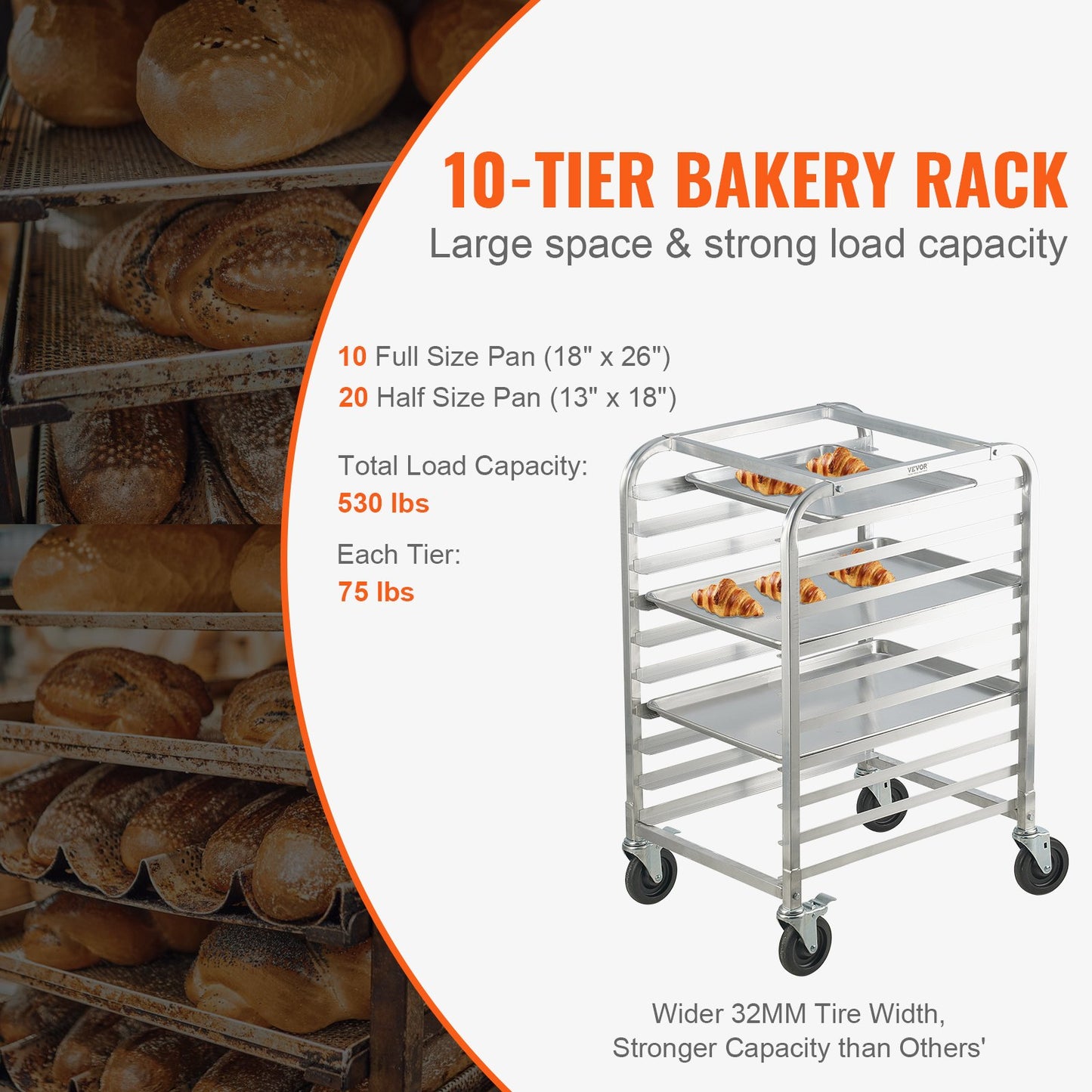 VEVOR Bun Pan Rack, 10-Tier Commercial Bakery Racks with Brake Wheels, Aluminum Racking Trolley Storage for Half & Full Sheet, Speed Rack For Kitchen Home, Bread Baking Equipment, 660x515x985 mm