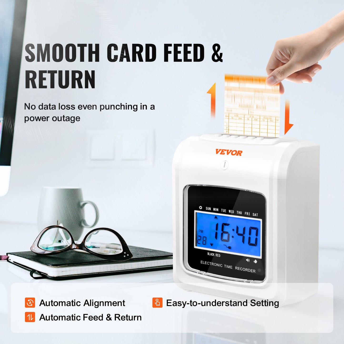 VEVOR Punch Time Clock, Time Tracker Machine for Employees of Small Business, 6 Punches per Day, Time Clock Punch Machine Includes 102 Time Cards, 1 Ink Ribbon and 2 Security Keys
