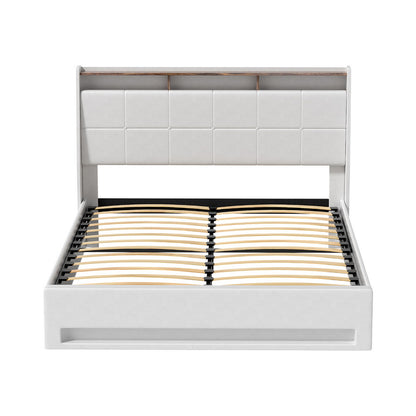Artiss Bed Frame Gas Lift LED Beds Base Platform White PVC Leather Storage Headboard - Double