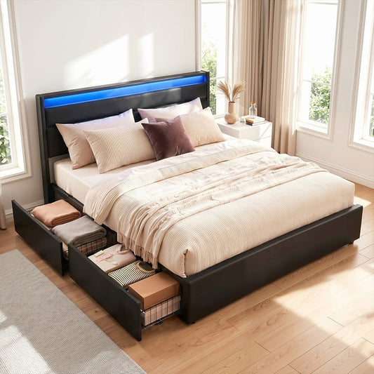 Artiss Bed Frame Queen Size LED with 4 Drawers Black DUNN