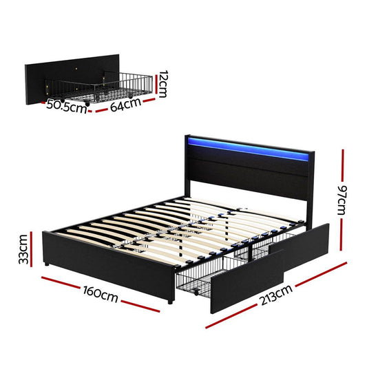 Artiss Bed Frame Queen Size LED with 4 Drawers Black DUNN