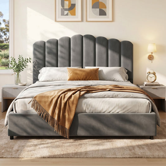 Artiss Bed Frame Queen Size Velvet Grey FION