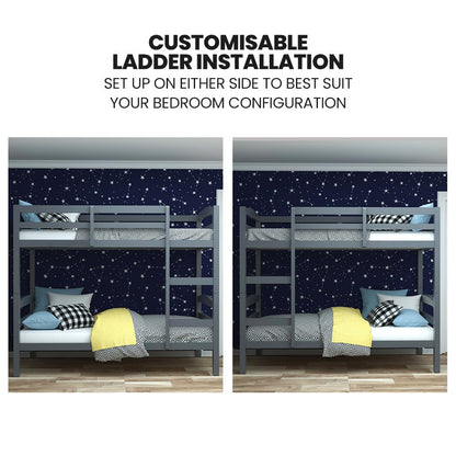KINGSTON SLUMBER Single Bunk Bed Frame, Solid Pine 2-in-1 Modular Design, Converts to 2 Single Beds, For Kids, Grey