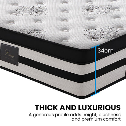 KINGSTON SLUMBER Luxury 34cm Double Mattress, Medium Firm, Euro Top, 5-Zone Pocket Spring Foam