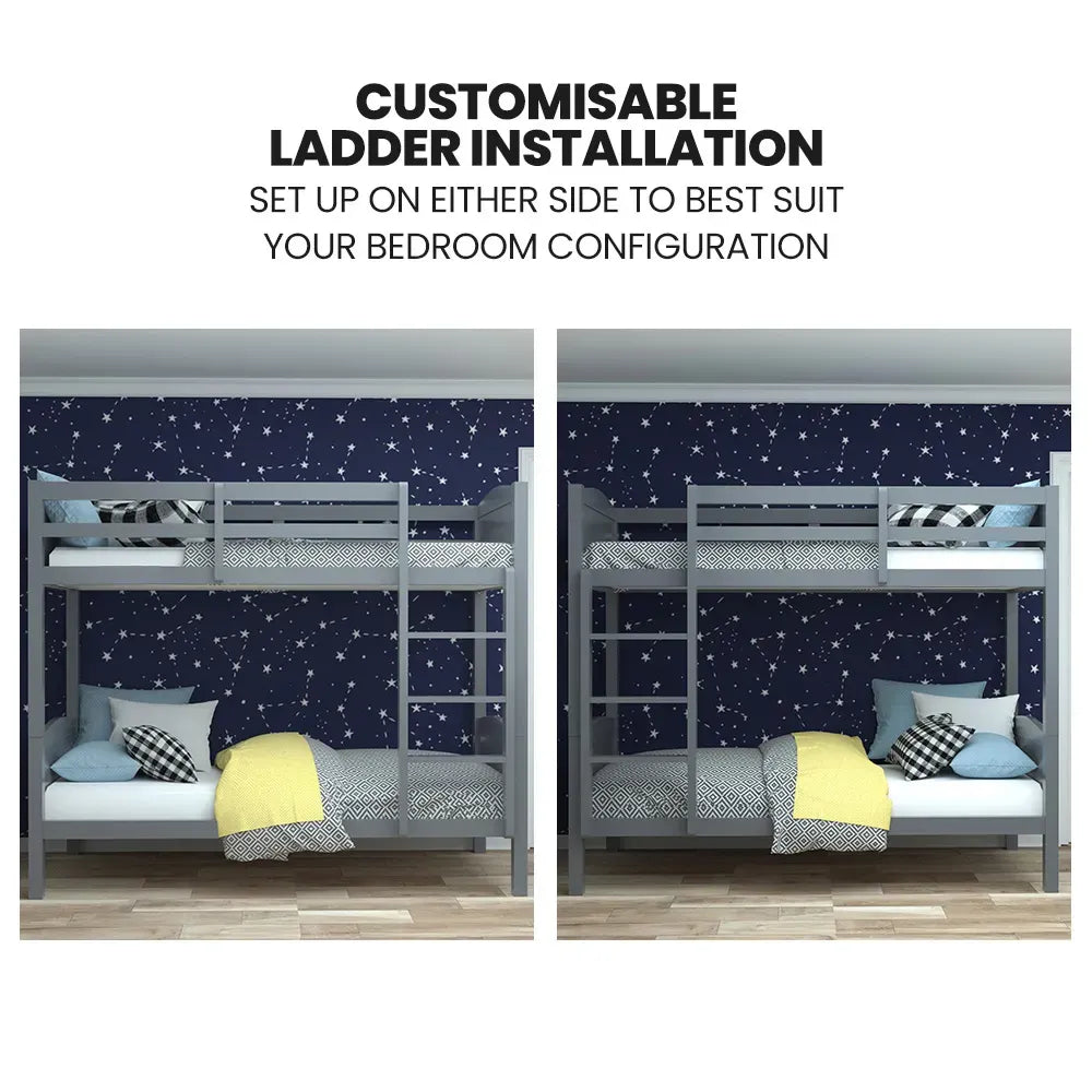 KINGSTON SLUMBER Single Bunk Bed Frame, Solid Pine 2-in-1 Modular Design Convert to 2 Single Beds, Grey