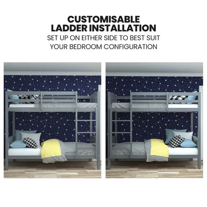KINGSTON SLUMBER Single Bunk Bed Frame, Solid Pine 2-in-1 Modular Design Convert to 2 Single Beds, Grey