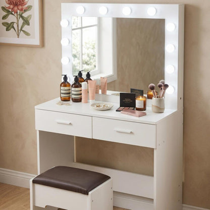 Fidel Vanity Set with Cushioned Stool and Lighted Mirror- White
