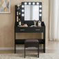 Diana Vanity Set with Shelves Cushioned Stool and Lighted Mirror- Black