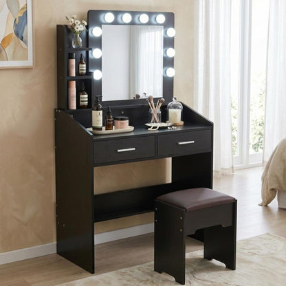 Diana Vanity Set with Shelves Cushioned Stool and Lighted Mirror- Black