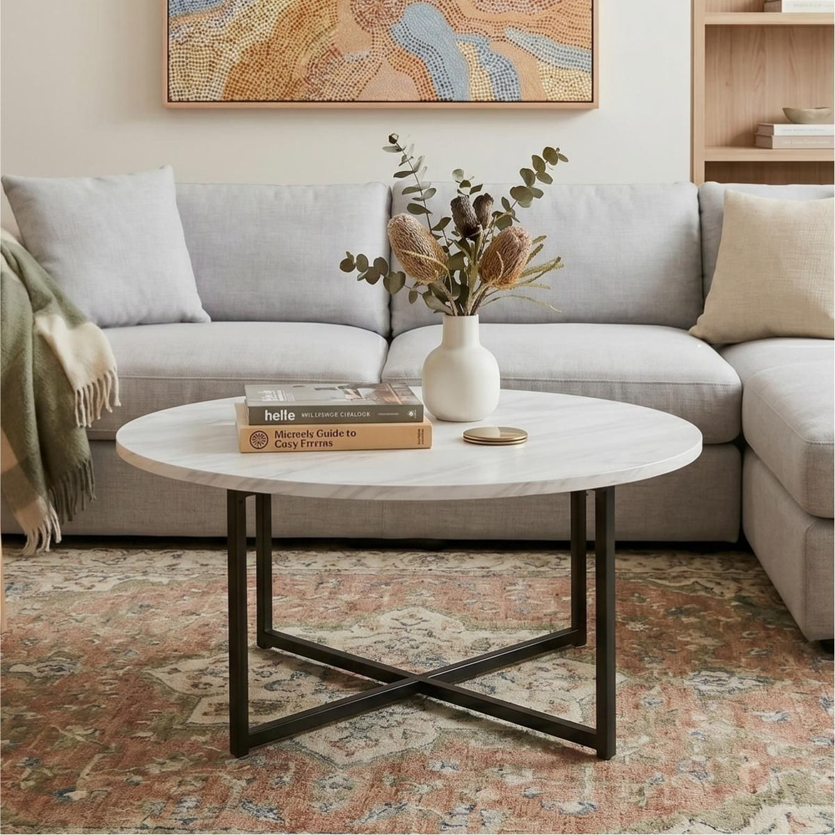 White Marble Effect Round Coffee Table with Black Legs
