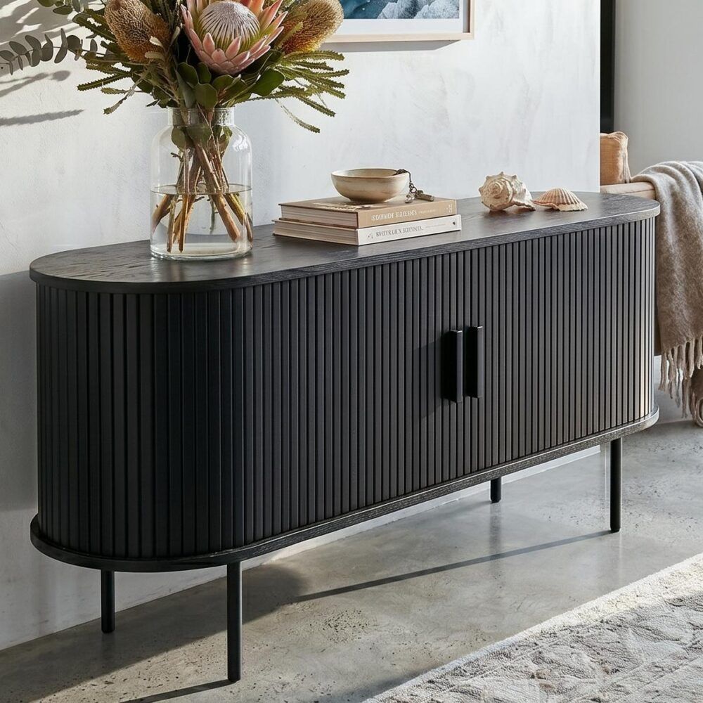 Ribbed Black Sideboard with Sliding Doors