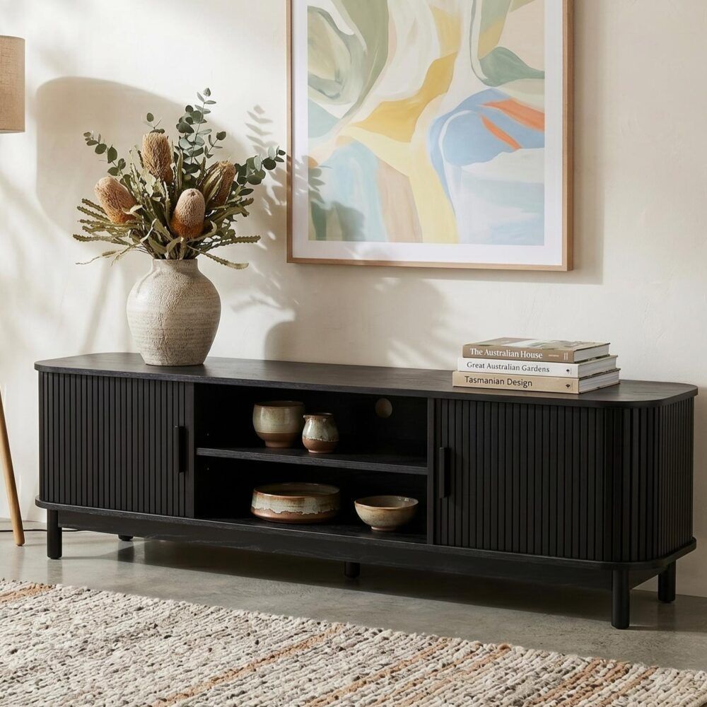 160cm Ribbed Black Entertainment Unit