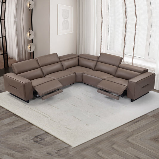 5 Seater Real Leather Sofa with Power Recliner Adjustable Headrest Wooden Frame Corner Lounge