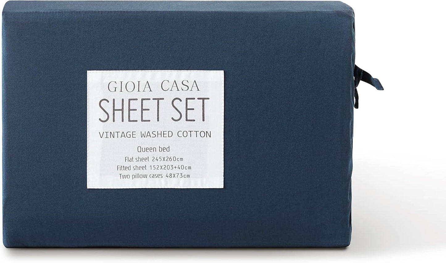 Gioia Casa Vintage Washed 100% Cotton Soft Breathable Sheet Set - Dark Indigo - King Single