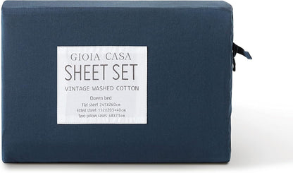 Gioia Casa Vintage Washed 100% Cotton Soft Breathable Sheet Set - Dark Indigo - King Single