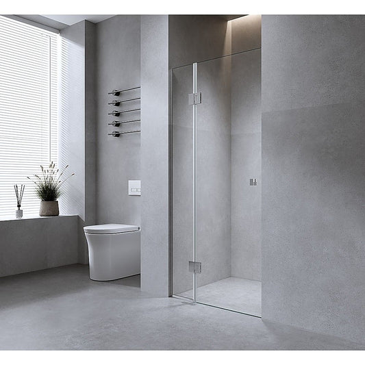 110cm Wall to Wall Frameless Shower Screen – White Wall Channel and Floor Channel, SS Hinges & Square Double Pull Handle