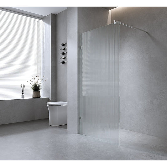 80cm Reeded Single Shower Glass Screen with White F-brackets & Square Pole
